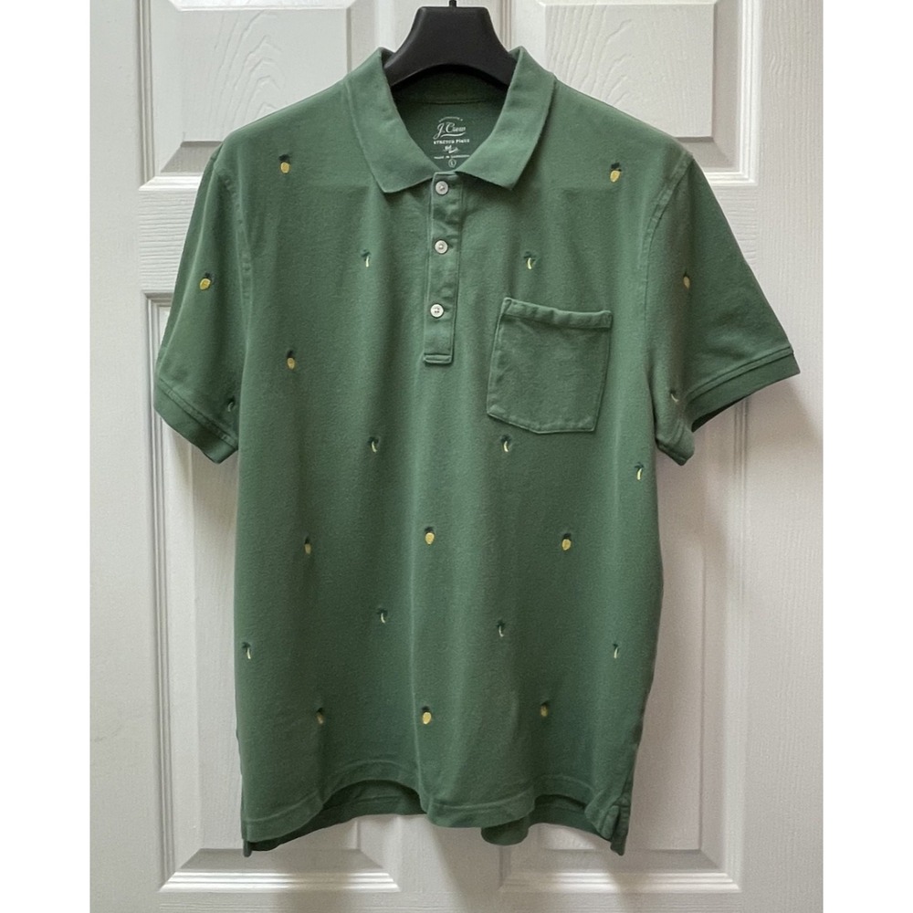 J Crew Men's Large Stretch Pique Embroidered Green Polo Tropical Preppy Pocket